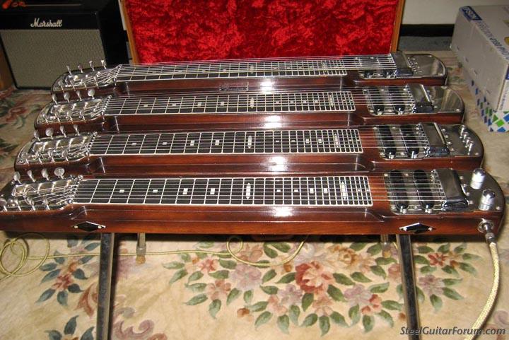 A Fender Quad Stringmaster, which looks like four different lap steel guitars mashed together into a single unit.